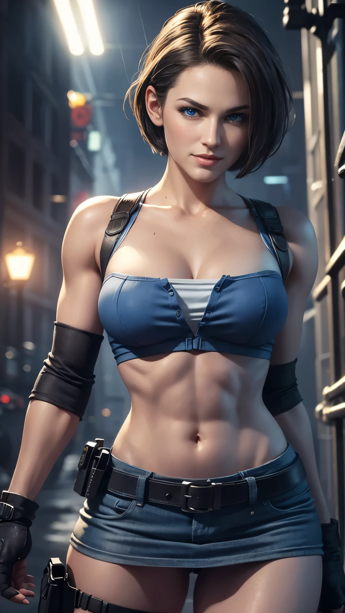 Jill Valentine da resident evil,(best qualityer,4K,8k,high resolution,work of art:1.2)(weather: rain), back alley background, city ruins, short curly hair, brown hair, blue strapless leotard, tight black mini skirt, brown boots, harness, police gear, stretching out pose, ultra detailed,portrait,realistic,beautiful detailed blue eyes, beautiful detailed lips,extremely detailed eye and face, long eyelashes,average, medium breasts,flying hair,beaming smile, sexy smile,powerful girl, bright coloured, dramatic lighting, dirty clothes,