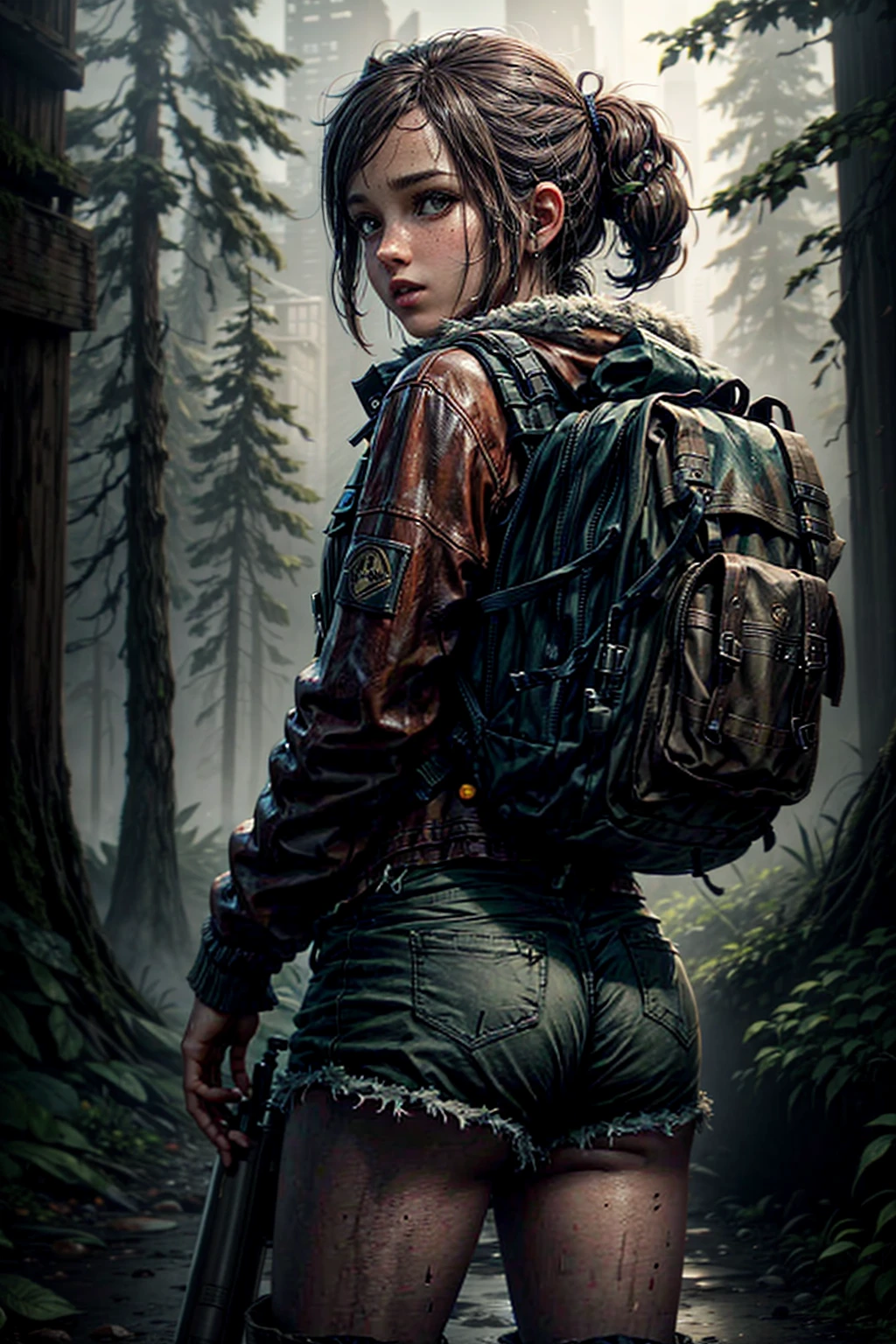 a girl, 20 years old, wearing short shorts, big backpack on the back, red jacket, thigh-high boots, ancient city taken over by the forest, post apocalyptic background scenario, athletic body, brown leather mini shorts, confused expression on his face, scratch marks on the skin, slightly torn clothes, hair in the wind, flowing hair ,earphone, masterpiece, best quality, detail, Feet outside the frame, (ellie - the last of us)