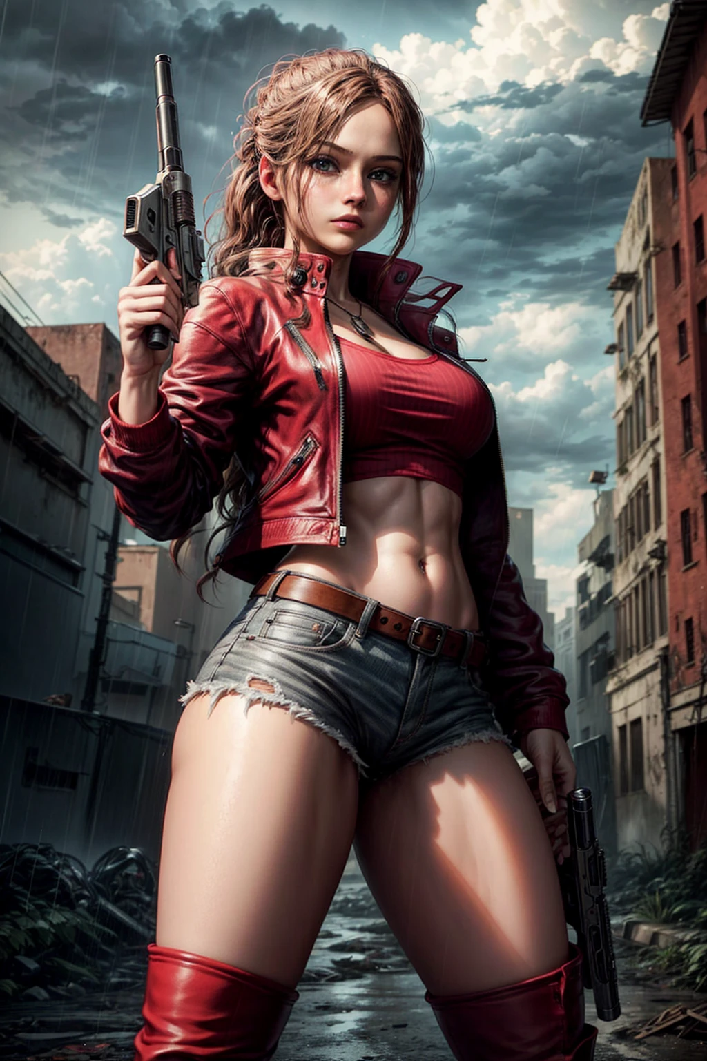 (Claire redfield), holding a gun pistola, abandoned city in the background, red jacket, very short black denim mini shorts, (holding a gun), 1, mini blusa preta por de baixo da red jacket sem mangas, belly showing, thigh-high boots, rainy weather, humida, cloudy sky.