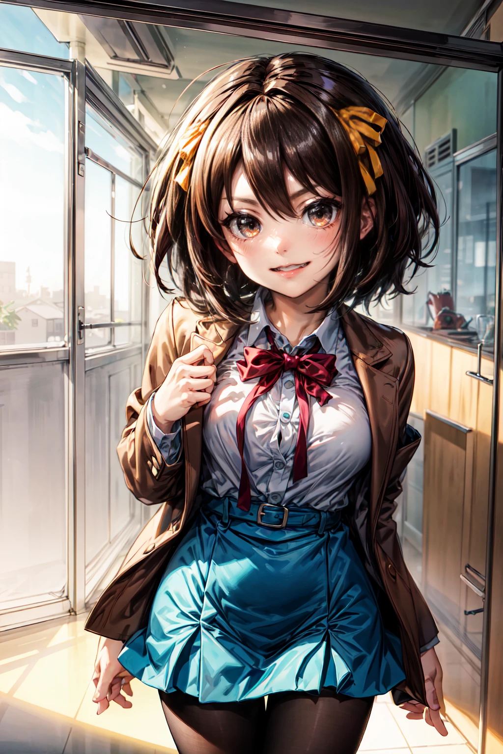 1girl, suzumiya haruhi, the disappearance of suzumiya haruhi, happy expression, long brown hair, yellow ribbon, brown eyes, (perfect face), (detailed eyes), (cinematic:1.2), (best quality), (ultra detailed), (cimematic lighting), hourglass figure, well formed breasts, newest, (very aesthetic), (absurdres), provocative demeanor, hyperrealistic, highly detailed, cinematic lighting, stunningly beautiful, intricate, sharp focus, f/1. 8, 85mm, (centered image composition), (professionally color graded), ((bright soft diffused light)), volumetric fog, HDR 4K, 8K, school uniform , brown jacket, brown bowtie, white shirt, skirt, black tights