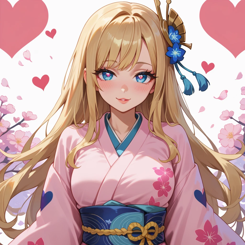 1girl, blue eyes, blonde hair, blush, eyelashes, hair ornament, heart, heart-shaped pupils, heart background, , long hair, looking at viewer short kimono short