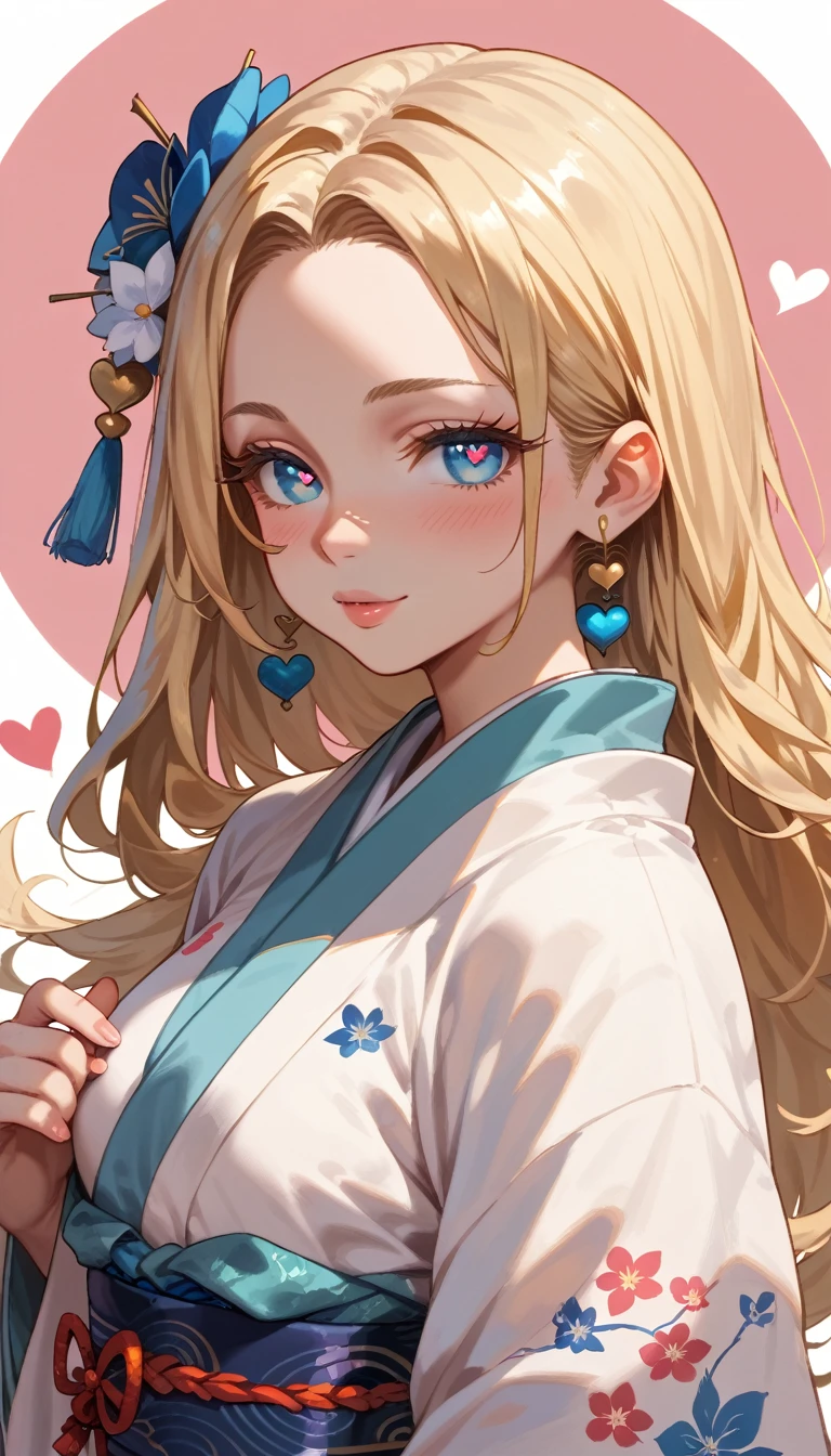 1girl, blue eyes, blonde hair, blush, eyelashes, hair ornament, heart, heart-shaped pupils, heart background, , long hair, looking at viewer short kimono short