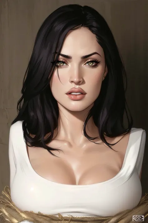 a close up of a woman with a white top and black hair, animatronic angelina jolie, portrait of megan fox as demon, portrait of m...