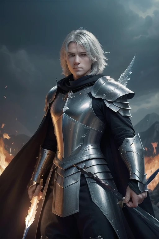 ((Ultra-fine illustrations, 8k, masterpiece :1.2, Sharp focus :1.2, Depth of written boundary:1.2)), Beautiful Swordsman, Absurd, Highly detailed face and skin textures, Silver Hair, Jet Black Armor, Flame Armor, Cloak on Fire, Flaming Sword, Wings of Fire, Determination to overcome sadness, There&#39;s a sign of determination in your gentle eyes , Strong Soul,Eye patch