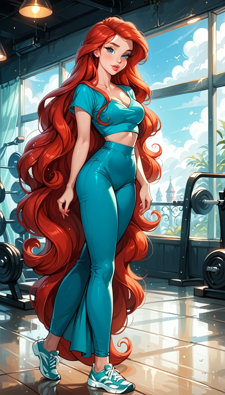 Dark Fantasy Art of score_9, score_8_up, score_7_up, rating_questionable, fantasy, lighting, epiCPhoto, 1girl, very sexy (Disney's Ariel, ar_el, fair skin, red hair, long flowing hair:1.2), beautiful waifu, yogapants, teal yoga pants, standing in gym, long legs, sneakers, round butt, thicc, (legs crossed:1.3), solo, cute, flirt, gaze, sexy look, half-closed eyes, head tilt, filled lips, thick lips, makeup, modelling shoot, sexy pose, dark, moody, dark fantasy style.