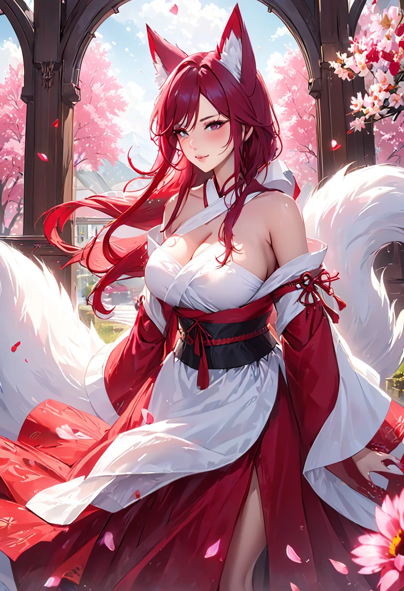 masterpiece, best quality, very aesthetic, absurdres, 1girl, mature_lady, ,,ahri(league_of_legends), 1girl, kitsune, kyuubi, deep pink hair,deep purple fox ears, long_hair,brown_eyes ,facial mark, whisker markings,white fox tail,kyuubi, gigantic_breasts, long sleeves, magic, white multiple tails, off shoulder, sharp fingernails,(red_and_white_dress:1.2),,in recreational machine hall,surrounding by flowers,falling_petals, petals,,wet_clothes