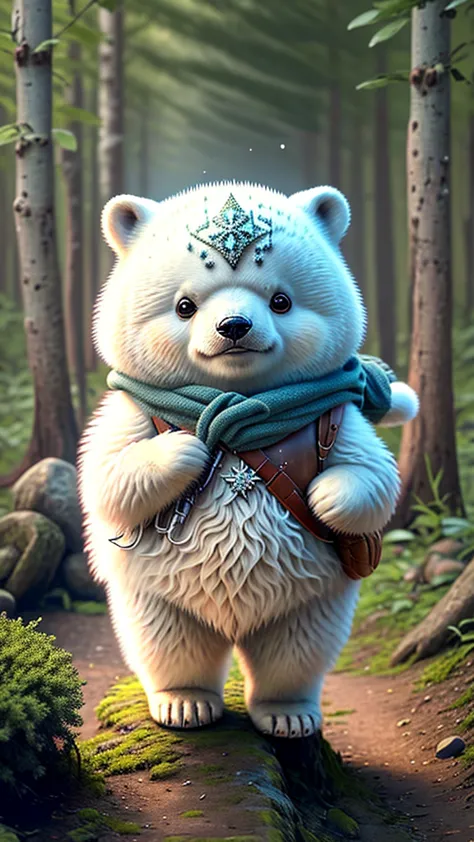 best image quality、"create your own masterpieces with cute creatures. one、polar bear、（the place is a forest）, high detail, in 8k...