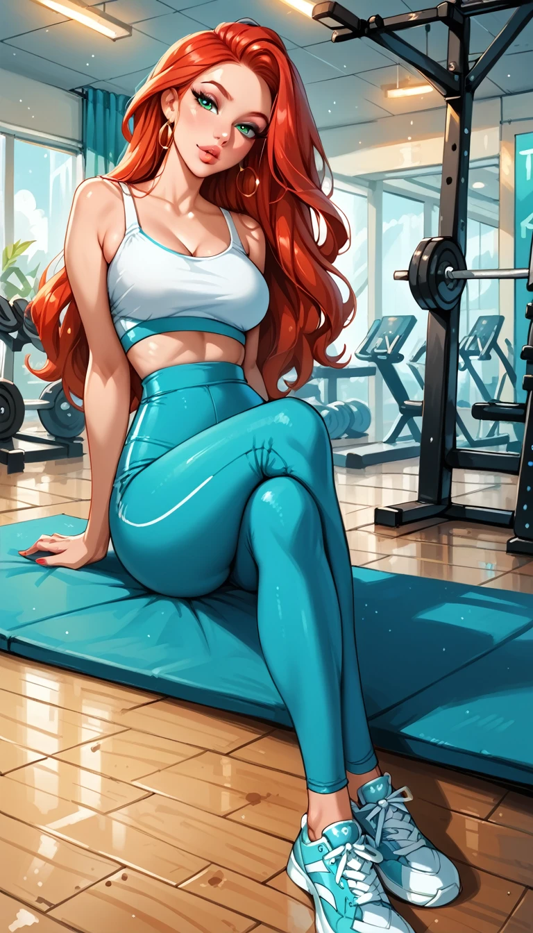 score_9, score_8_up, score_7_up, rating_questionable, epiCPhoto, 1girl, very sexy (ar_el, fair skin, red hair:1.2), beautiful waifu, yogapants, teal yoga pants and top, standing in gym, long legs, sneakers, round butt, thicc, (legs crossed:1.3), solo, cute, flirt, gaze, sexy look, half-closed eyes, head tilt, filled lips, thick lips, makeup, modelling shoot, sexy pose.