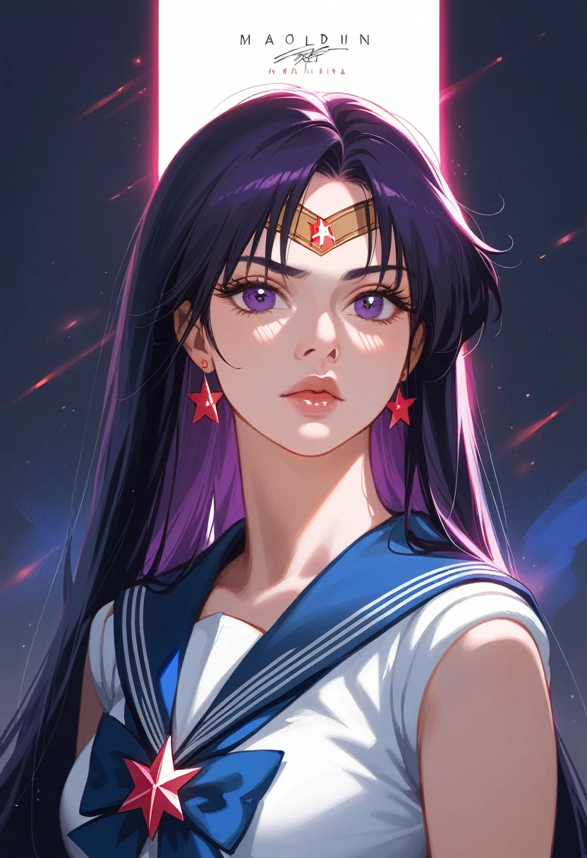 A highly detailed realistic of Sailor Mars, Rei Hino, in a dark fantasy movie setting, photorealistic, extremely detailed facial features, striking purple eyes, full lips, long eyelashes, elegant hairstyle, detailed sailor mars uniform design, dramatic lighting, cinematic composition, moody color palette, intricate background details, fantasy elements, 8k, best quality, ultra-detailed, masterpiece