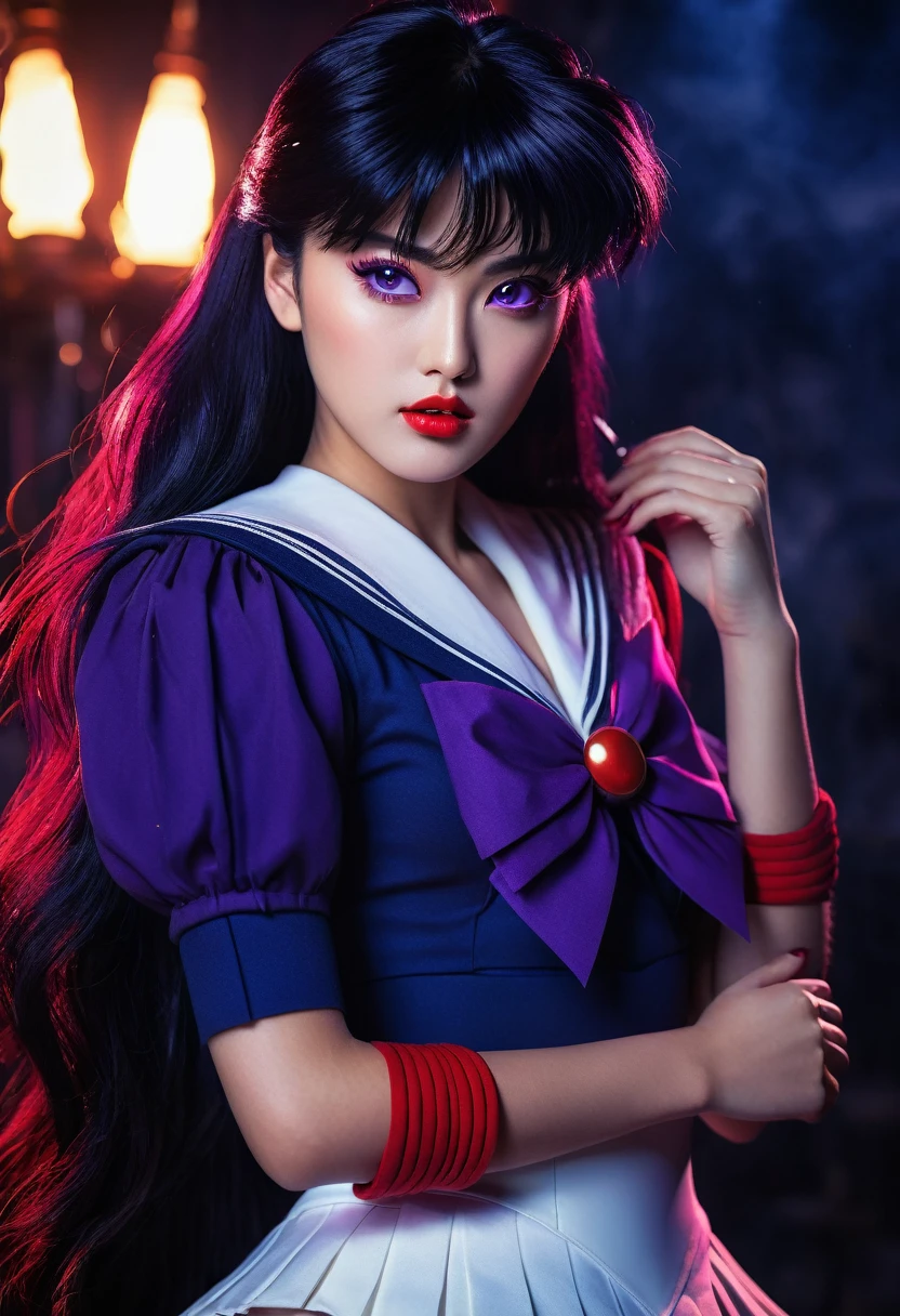 A highly detailed realistic of Sailor Mars, Rei Hino, in a dark fantasy movie setting, photorealistic, extremely detailed facial features, striking purple eyes, full lips, long eyelashes, elegant hairstyle, detailed sailor mars uniform design, dramatic lighting, cinematic composition, moody color palette, intricate background details, fantasy elements, 8k, best quality, ultra-detailed, masterpiece