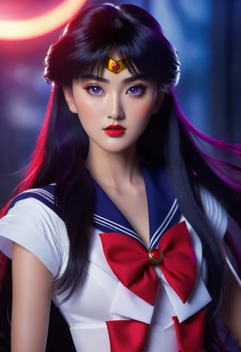 a highly detailed realistic of sailor mars, rei hino, in a dark fantasy movie setting, photorealistic, extremely detailed facial...