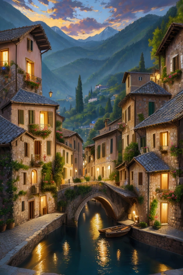 Beautiful oil painting of a village., Villa Bella, Italy, by Sung Kim