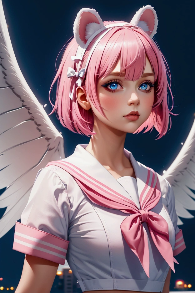 skistyle, 1girl, solo, pink hair, animal ears, blue eyes, wings, looking at viewer, bangs, short hair, bow, sailor collar, white sailor collar, hair bow, pink bow, closed mouth, shirt, white shirt, bear ears, bob cut, mini wings, portrait, detached wings, makeup, upper body, city in background