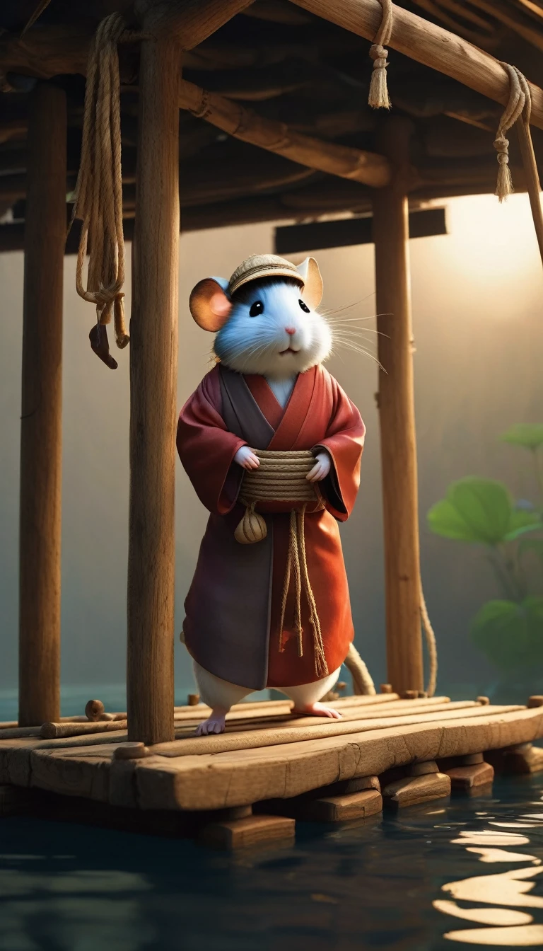 Hagi Yuan Yuan style，scenography, Very unified CG design,  (Hamster adventurer standing on a broken raft made of wood and rope）， Wearing very shabby robes，,Background with：Fenghai， pixar-style，Felicia Simien and Studio Ghibli-style minimalist photography，Produced by Pixar，Maximalism，fine art，Movie Lighting，negative space，Dark art，Ultra-realistic realism，ukiyoe painting，