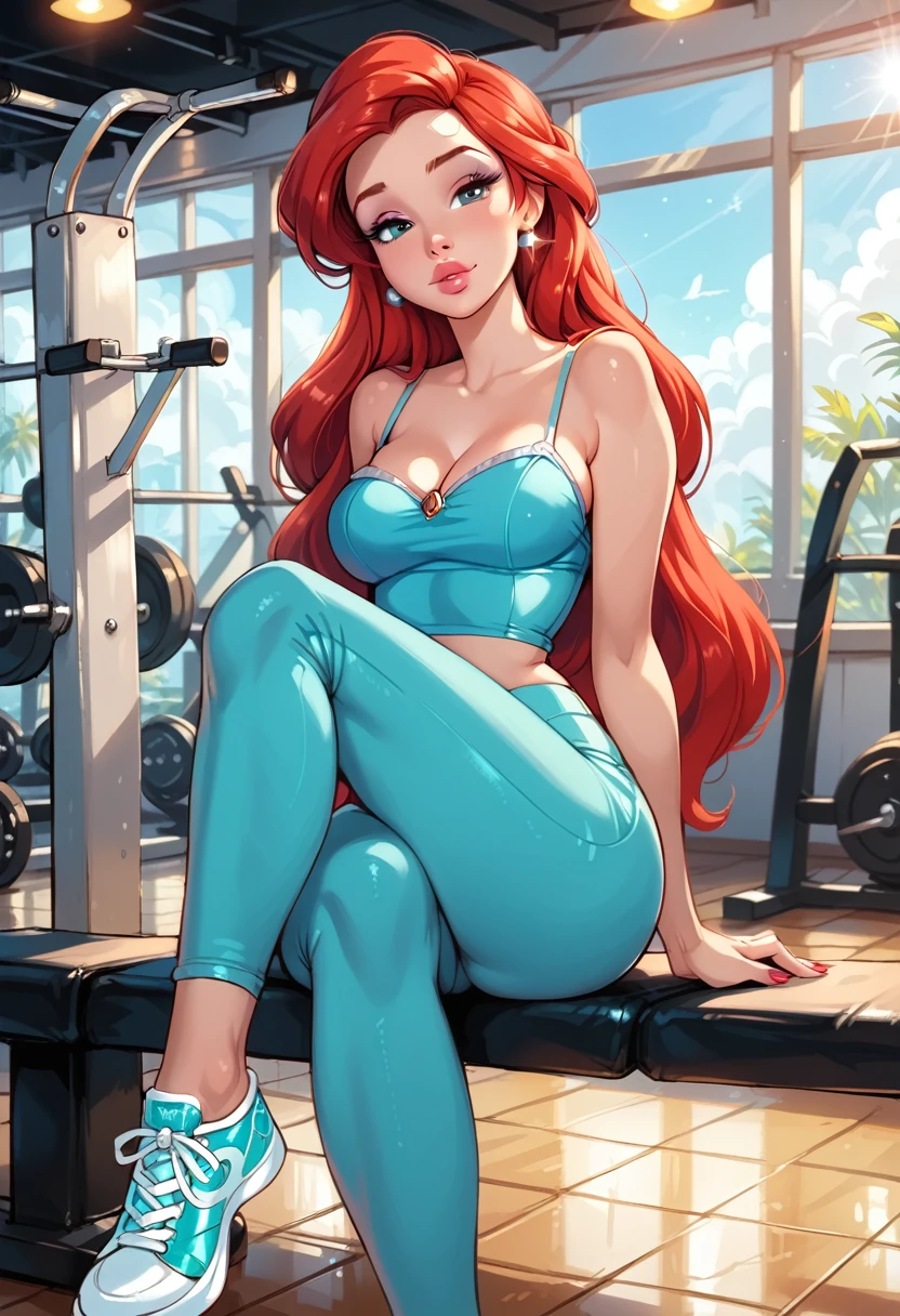 score_9, score_8_up, score_7_up, rating_questionable, epiCPhoto, 1girl, very sexy (Disney's Ariel, ar_el, fair skin, red hair:1.2), beautiful waifu, yogapants, teal yoga pants and top, standing in gym, long legs, sneakers, round butt, thicc, (legs crossed:1.3), solo, cute, flirt, gaze, sexy look, half-closed eyes, head tilt, filled lips, thick lips, makeup, modelling shoot, sexy pose.