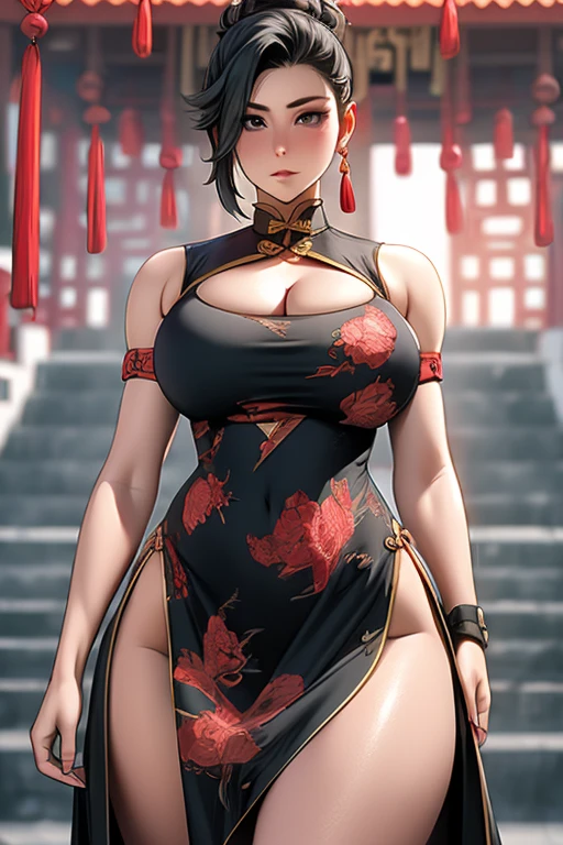 Super-detailed, 8k, 1 girl, Xianyun, black hair, beautiful and detailed face, perfect figure, busty body, curvy body, large and droopy breast, slender hips, thick thighs, huge round ass, tanned-skin, black Chinese tradition clothes, stand waiting at the city square