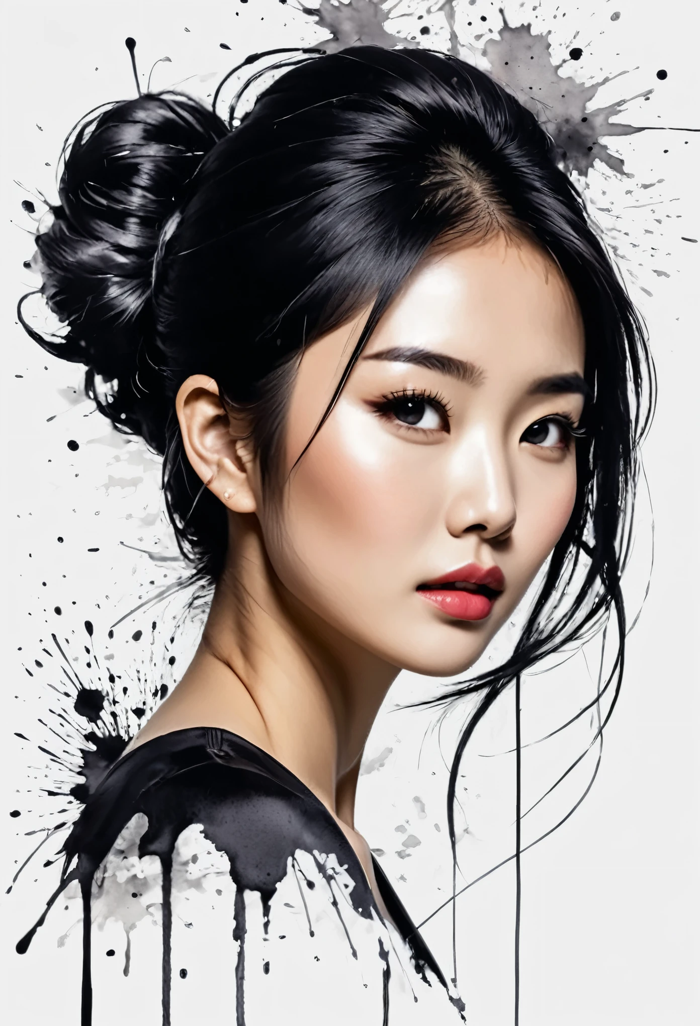 A beautiful young Asian woman ink exaggerated expression figure ink stain line outline ink stain ink stains, elegant, artwork with paint splashes around, and ink dripping at the bottom of the image, innovative, elegant