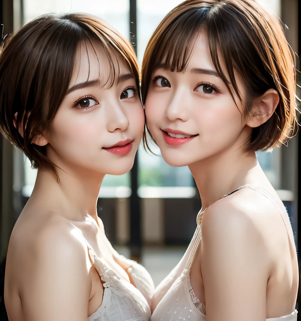 Best Quality、8k、masterpiece、Ultra-high resolution、クリアなphotograph、リアルなphotograph、Realistic、Professional Lighting、photograph、Very cute３people、(Bian、same-sex love、Love each other)、White skin、(Very short hair:1.6)、Brown Hair、(Small breasts、Flat Chest)、Big erect nipples、Exquisite appearance、(Affectionate３people:1.8、Kiss３people:1.8、Embrace each other:1.8、Put your lips on it:1.6)、Detailed Background、３peopleアイドルグループのメンバー:1.6、(Wearing white underwear:1.8、Small underwear、See-through underwear)、全身photograph、(Expressions of joy、Ecstasy)
