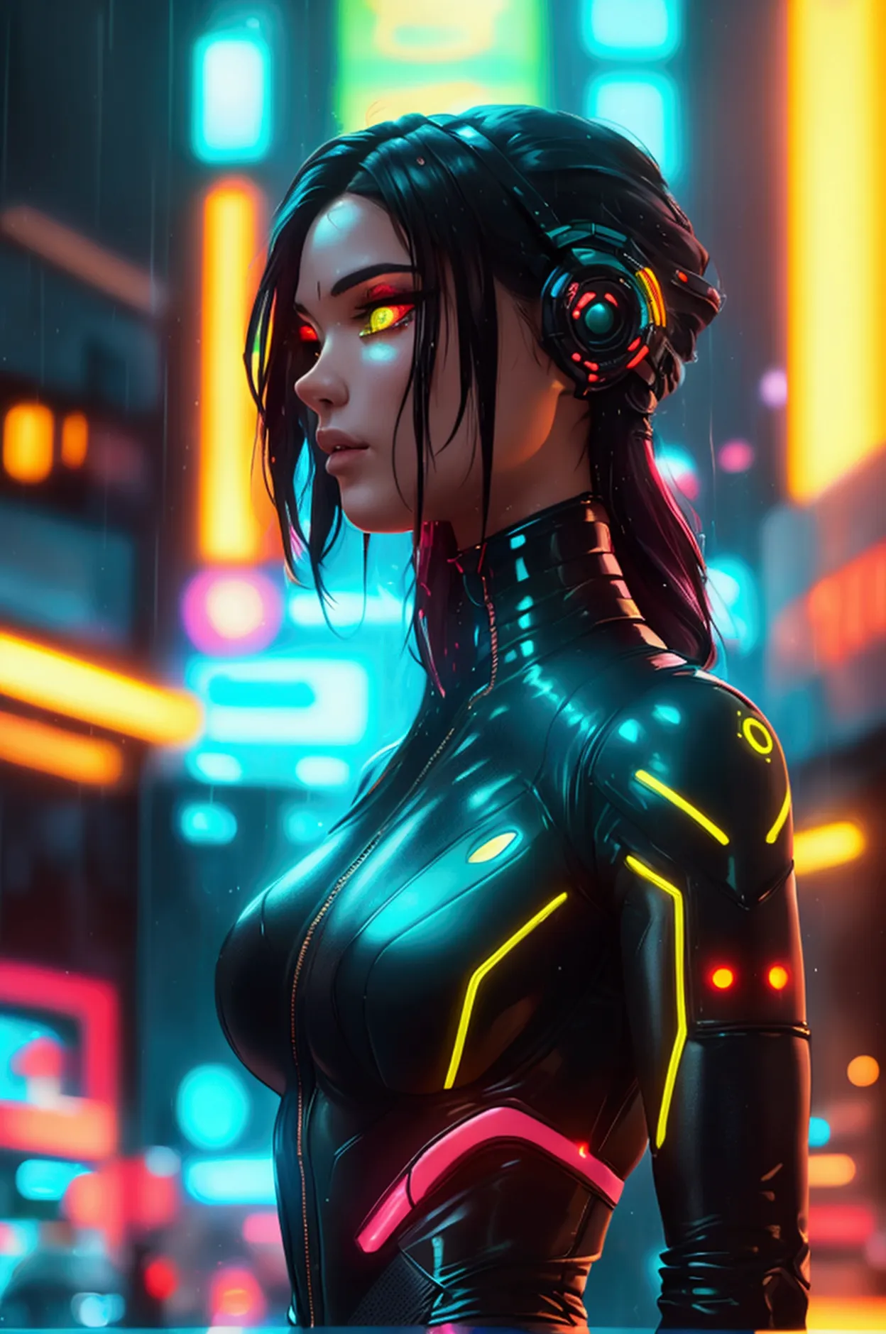 a full-body shot of a woman in a detailed cyberpunk bodysuit, glowing neon accents, standing confidently in a futuristic citysca...