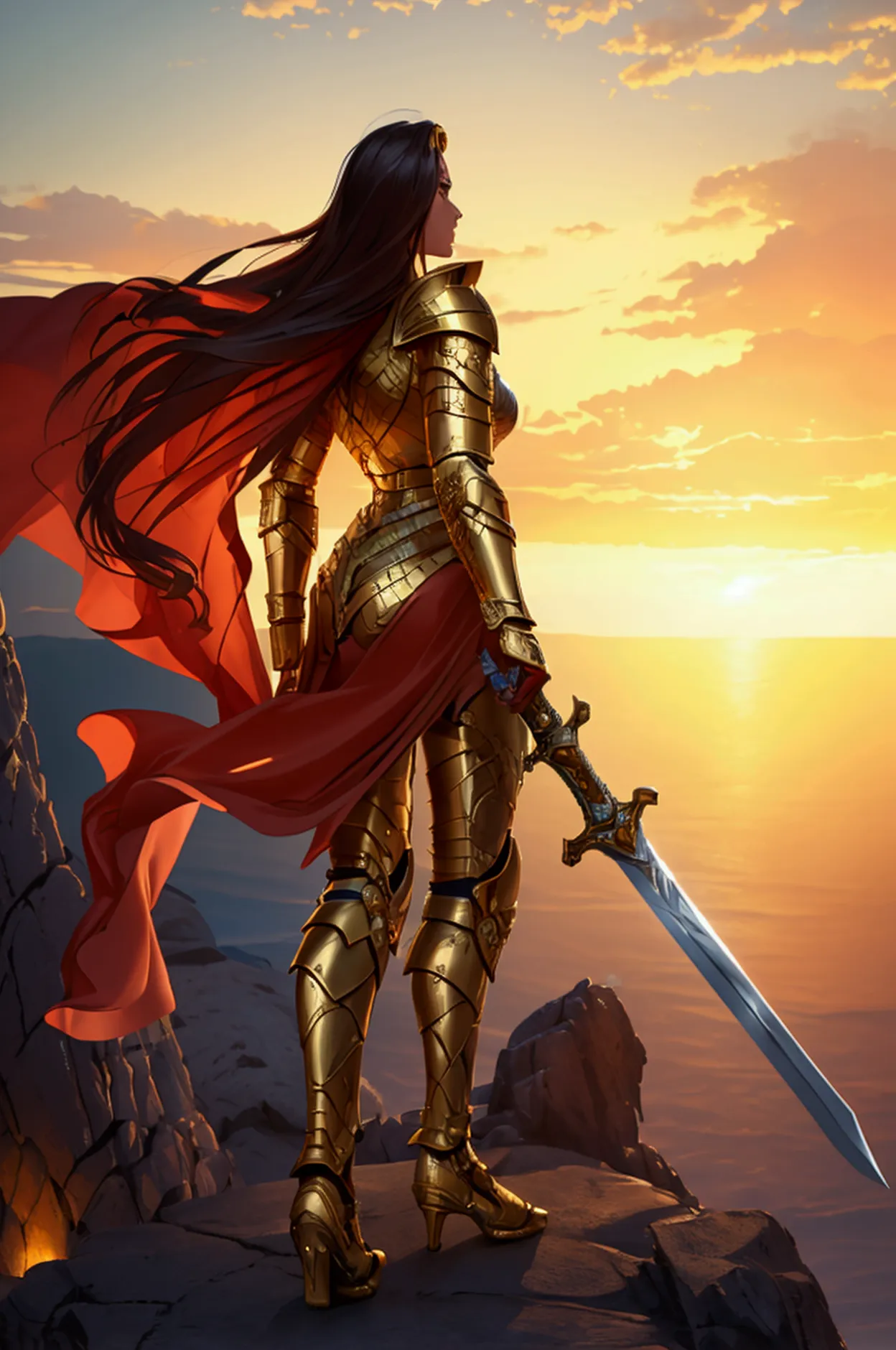 a hyperrealistic image of a warrior woman in golden armor, wielding a massive sword, standing on a rocky cliff with a sunset in ...