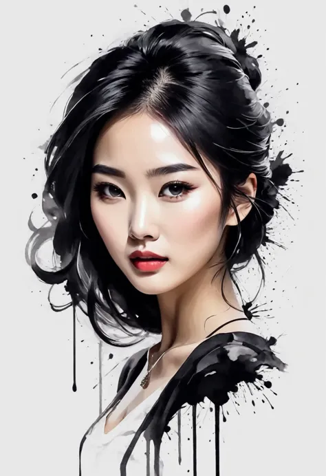 a beautiful young asian woman ink exaggerated expression figure ink stain line outline ink stain ink stains, elegant, artwork wi...