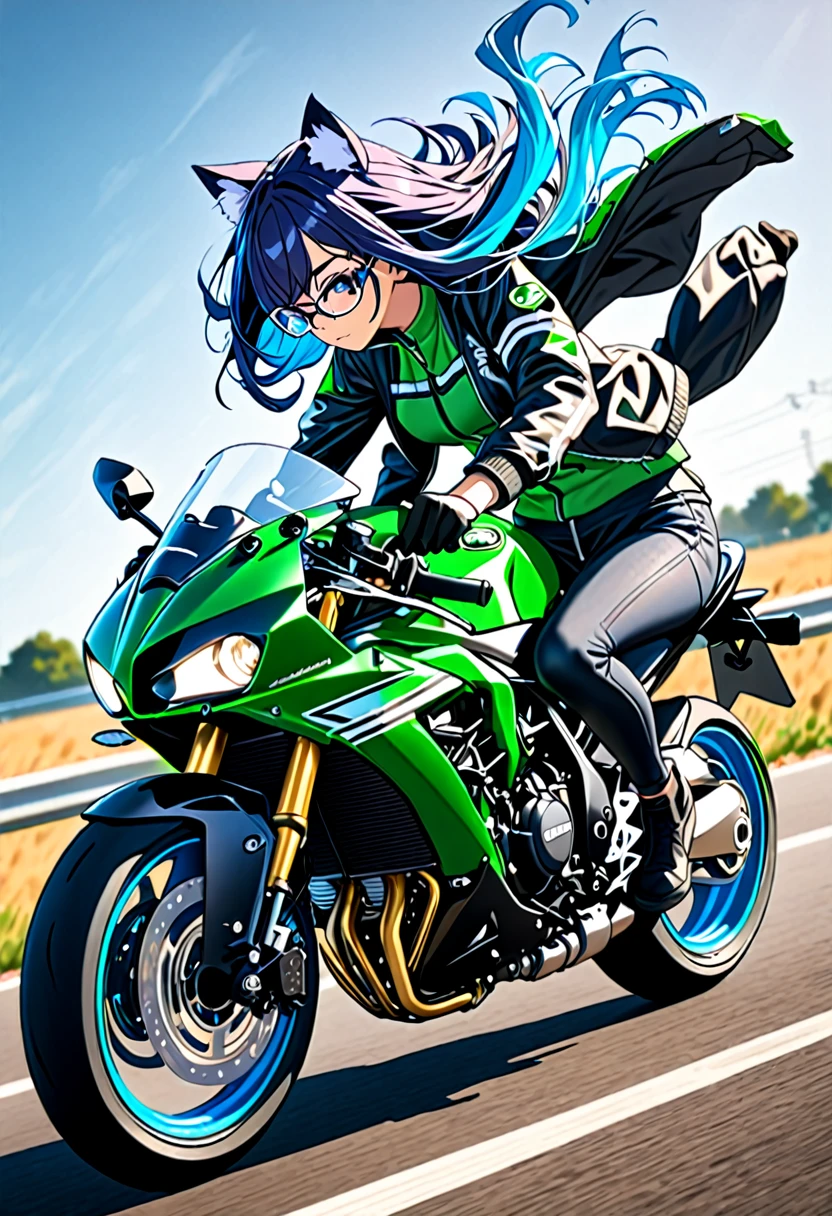 8K Ultra High-Quality, ultra-detailed, High quality, 2, Dark Blue hair, Neon Blue Inner layer hair, Long hair, Cat ears, jacket, glasses, kawasaki H2, sports bike, clothes flowing in the wind, riding pose, back view, full body