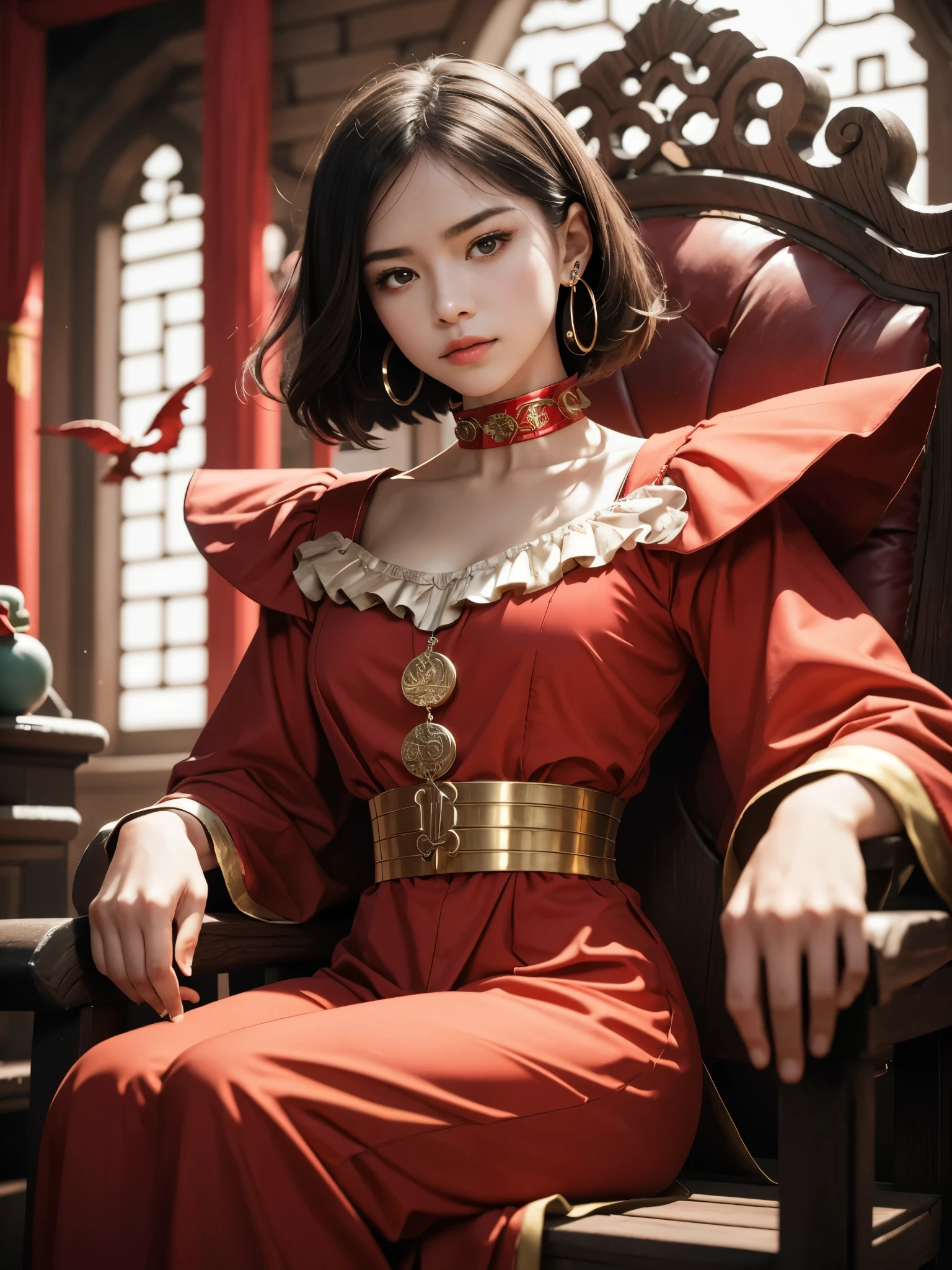 masterpiece, best quality, highres, girl, glamorous, gorgeous, sitting on bench, wooden chair, ceremonial, red chinese clown outfit, (traction collar:1.3), shred clothes, royal bird, jewelry, hoop earring, black hair, pensive expressions, fine details, sharp focus, blurry background, perfect lighting, soft lighting, (film grain:1.2), devil, red hanfu,