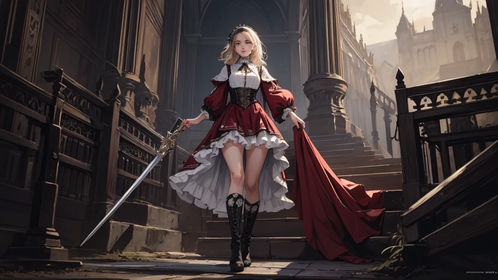  ((best quality)), ((masterpiece)), (detailed), 1girl, adult, perfect anatomy, thick thighs, detailed eyes, detailed face, beautiful face, red and white clothing, Bloodborne inspired, occult aesthetic, occult, detailed and intricate steampunk and detailed gothic, Very dramatic and cinematic lighting, cosmic horror, grim-dark, side-lighting, perfect face, Fluttering lace flared long knee length dress with frilly petticoats, knee length dress, pleated petticoats, complex lace boots, side-lighting, wielding a mighty sword with mechanical components, carbine, full body, whole body, head-to-toe, SFW, 