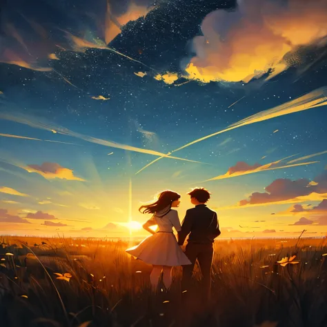 siblings２by people, towards the sun, full of hope, 2d painting style