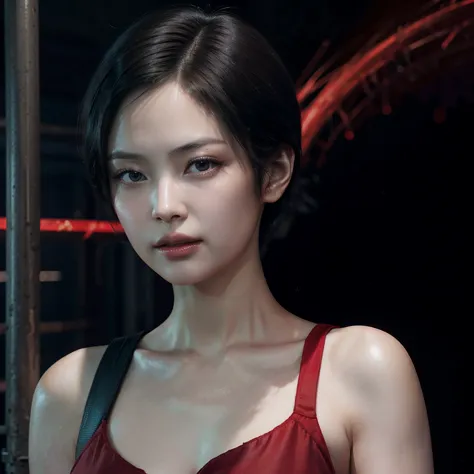 asian woman cosplaying as ada wong, beautiful woman, classic red dress, ada wong from resident evil, realistic, black background...