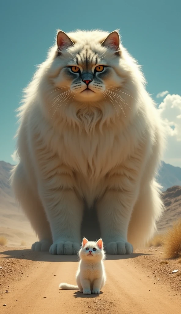 David and Goliath where both caracters are cats. A massive and giant himalayian cat, god like, standing in the middle of a dusty road. A little baby himalayian cat is standing before him, staring at him. Blue sky. Sand like colors. Mountains. Shadows toward the bottom right of the image. Cinematographic, 35mm