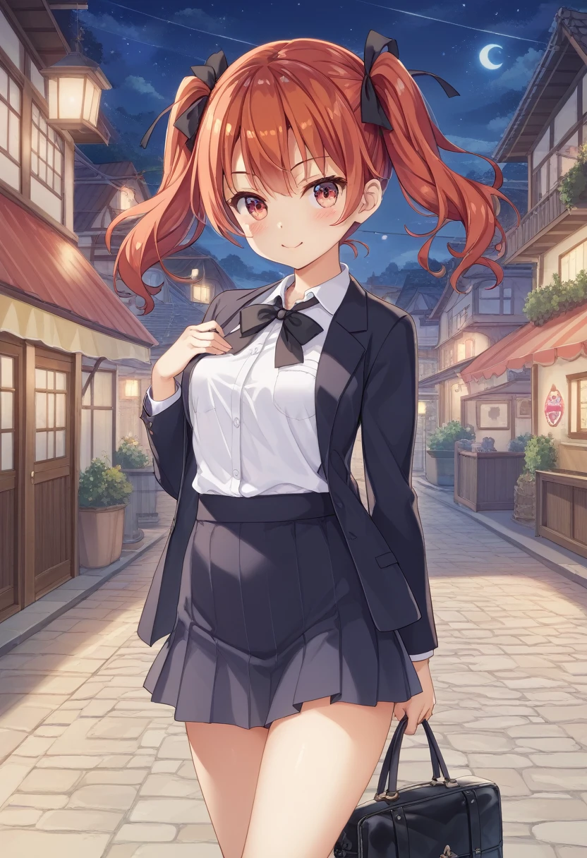 (Female A:(appearance;High short twin tails、Black ribbon hair accessory、Redhead、Shiny red eyes、Skinny、Normal chest):1.5、(clothing;business suit＿Business Skirt＿No ribbon、Black Bag))、（action;Female Aが道を歩いている）、(background:Town、((night))＿歓楽Town）、(high quality、detailed、Cel-shaded style shadows):1.2
