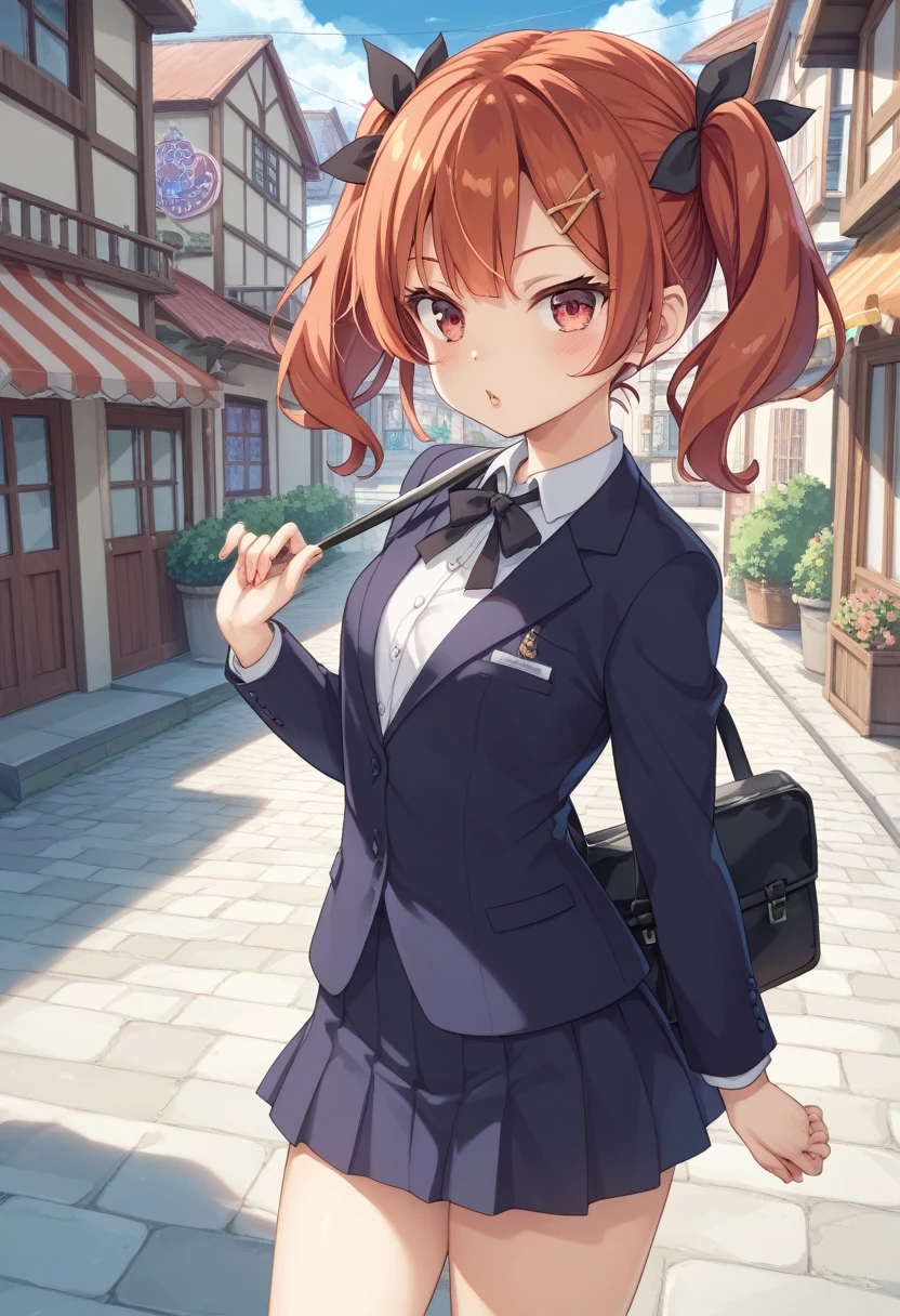 (Female A:(appearance;High short twin tails、Black ribbon hair accessory、Redhead、Shiny red eyes、Skinny、Normal chest):1.5、(clothing;business suit、Black Bag))、（action;Female Aが道を歩いている）、(background:Town、((night))＿歓楽Town）、(high quality、detailed、Cel-shaded style shadows):1.2
