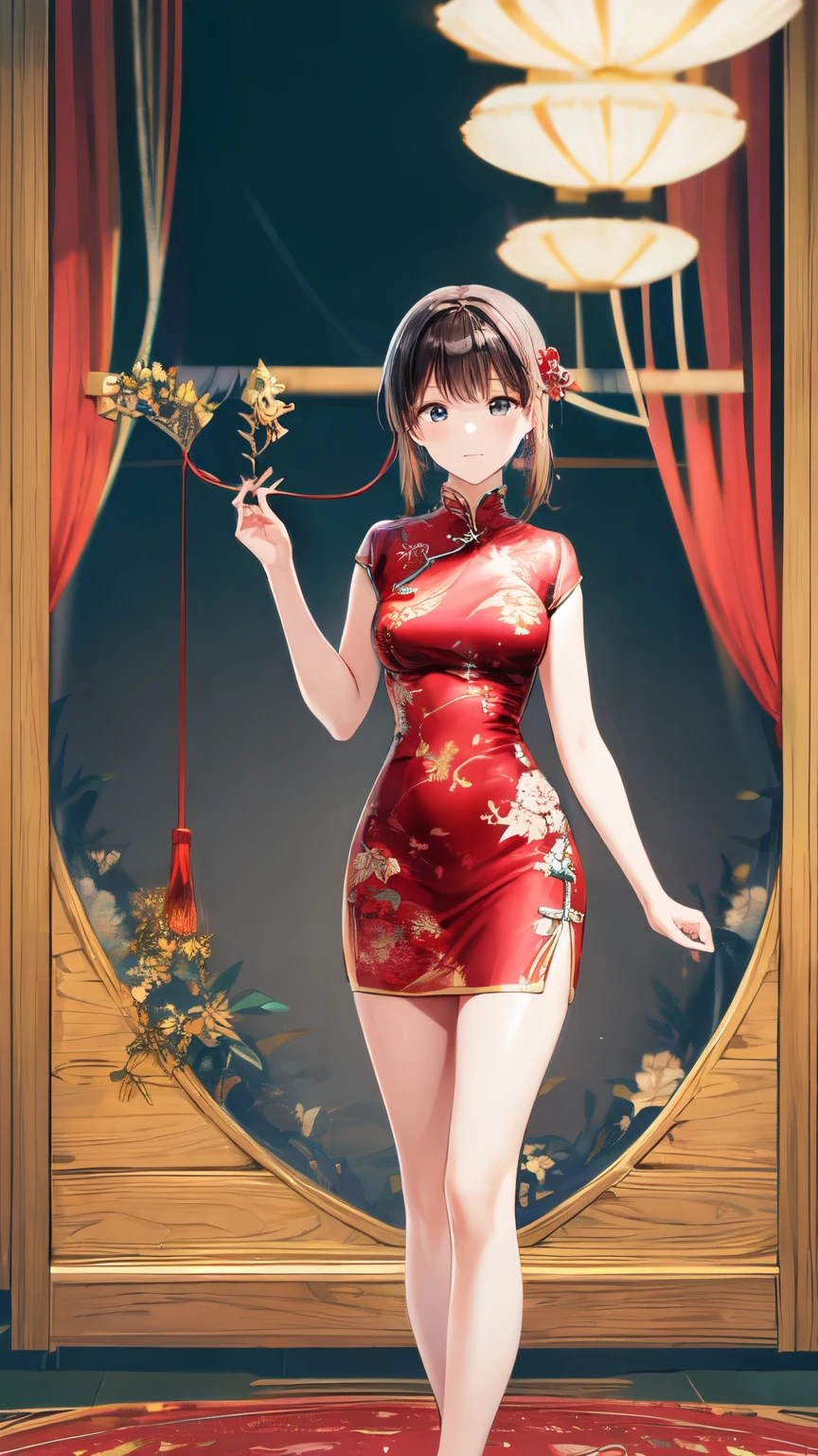 masterpiece,high quality,highres,absurdres,hit,1girl,Alone，front视角，Standing，front，cheongsam，丝绸cheongsam