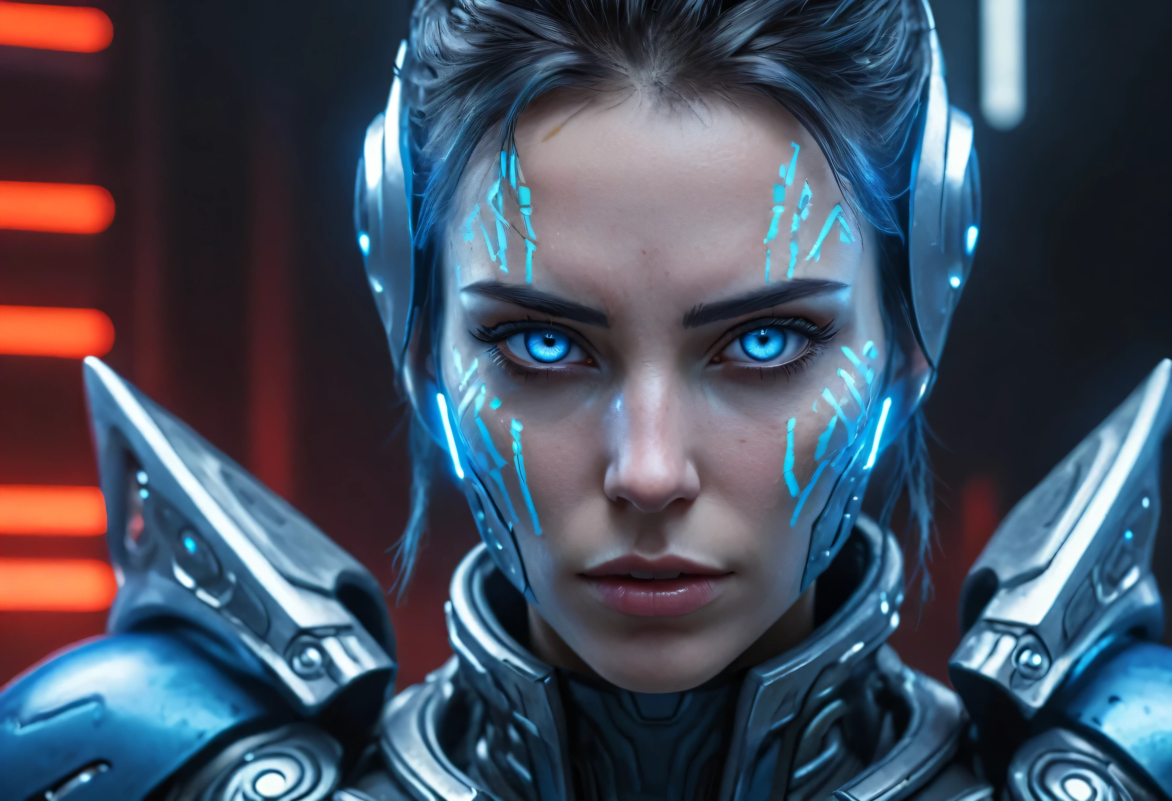 WOMAN&#39;S FACE powerful armor, sharp look,
Frost, calls, Perfect details, (The best quality, 4k,
High resolution, masterpiece:1.2), ultra detailed,
realistic:
1.37, HDR-10, Studio lighting, bright colors, (cyberpunk,
Futuristic) style, Ice Blue Color Scheme, dynamic lighting. MOD ULTRA FACE 8k laser eyes