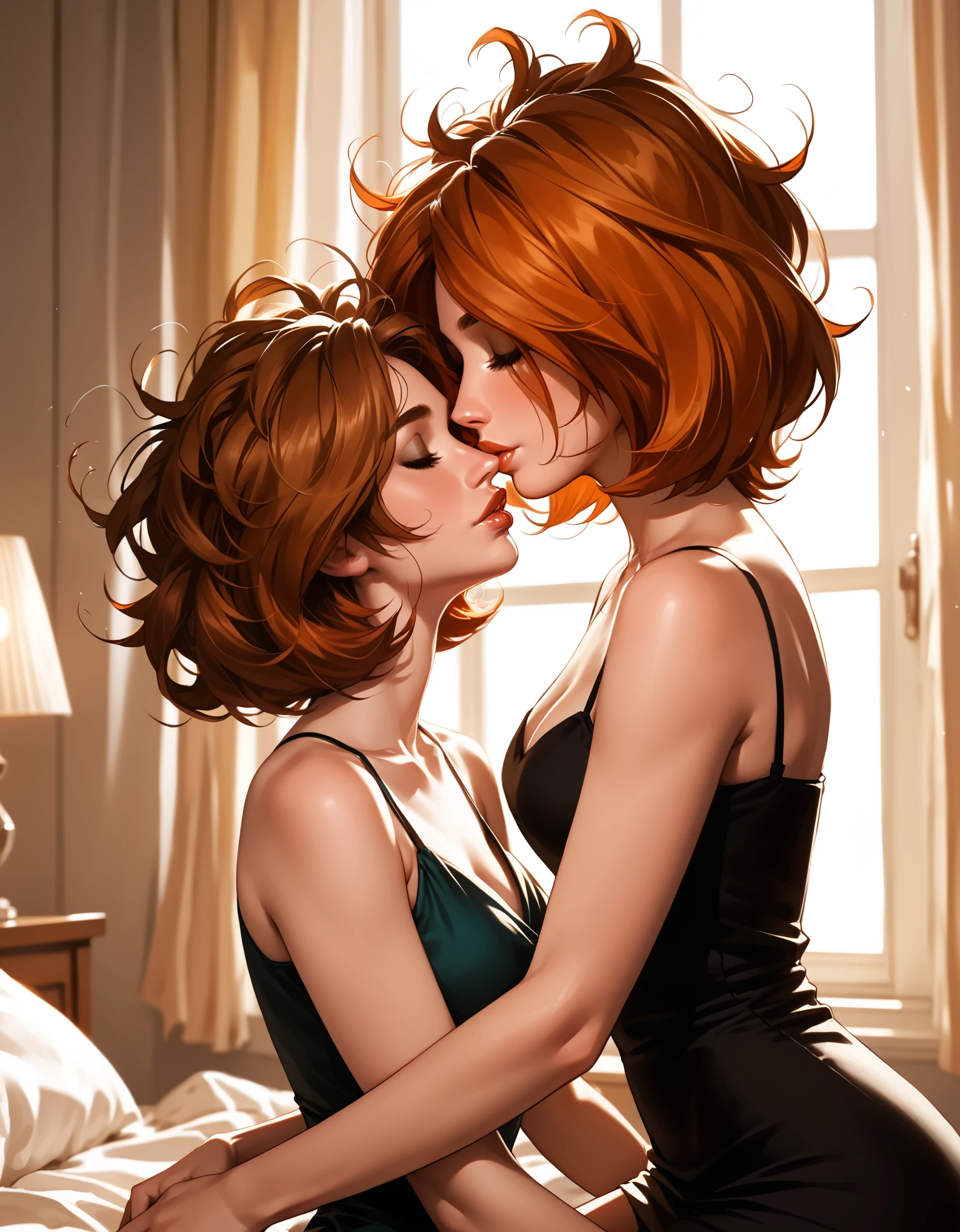 score_9, score_8_up, score_7_up, rating_questionable, epiCPhoto, 2girls, duo, couple, yuri, very sexy (Aunt Cass, brown hair, messy hair, short hair, wearing a black_dress:1.5), and (annpossible, orange-red hair, short hair, wearing a teal_dress:1.4), (focus on lips, after the kiss, lips close together:1.3), upright straddling, beautiful, graceful, elegant, beautiful scene, soft romantic lighting, in love, loving look on their faces, flirt, gaze, sexy look, eyes closed, head tilt, filled lips, thick lips, makeup, dark, moody, (dimly lit:1.4), highly detailed, sexy scene, absurdres, 4k, masterpiece, best quality, perfect hands, cowboy shot.