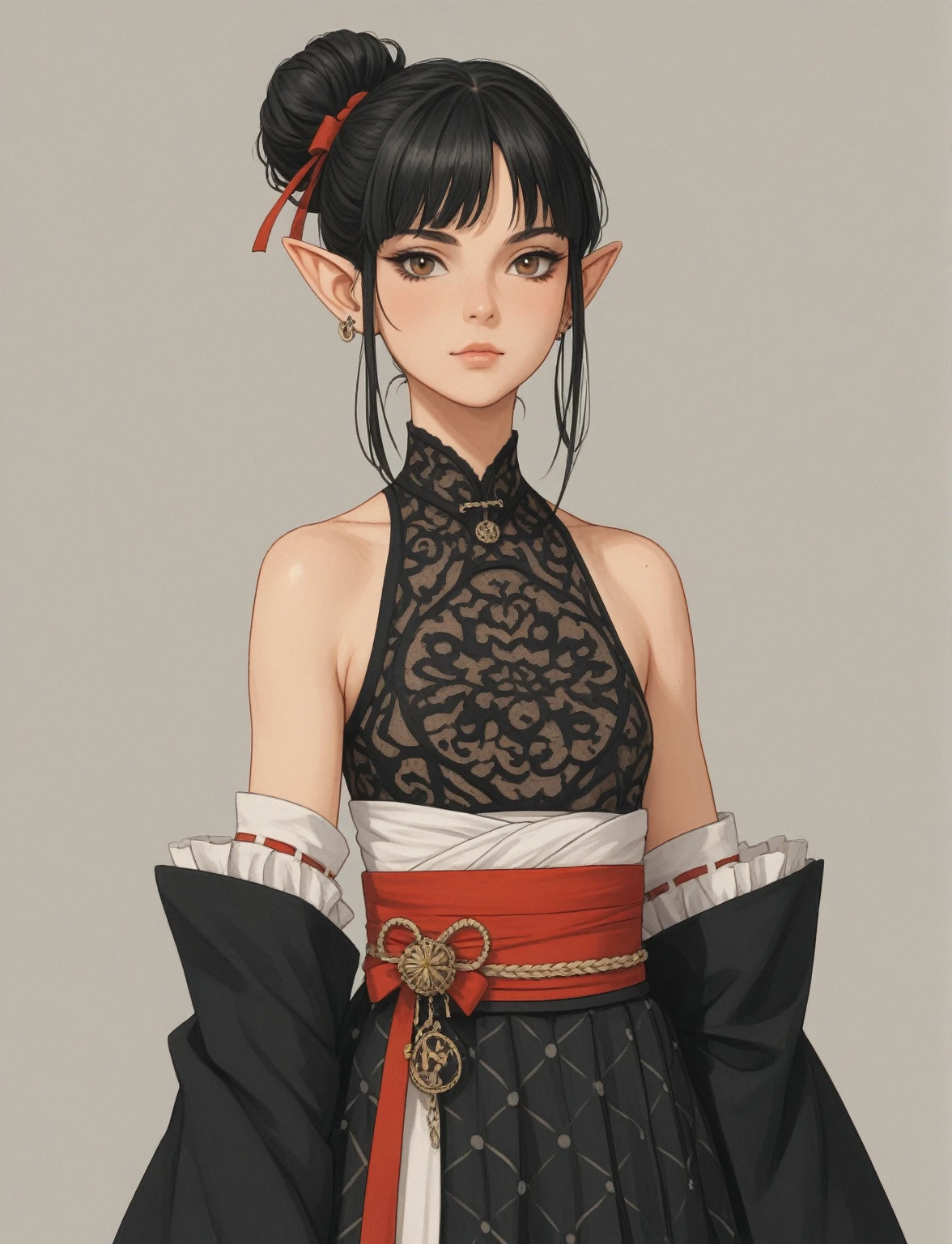 Create a digital illustration of a female character with elf ears with round dots instead of eyebrows. For the hairstyle, she should have black hair styled into a single bun at the back of her head, complemented by asymmetrically chopped bangs that transition into a long lock on one side. Her outfit should match short hakama with detached sleeves and frills under the shorts and the sleeves, in a gothic style, featuring intricate white lace patterns, detailed cutouts, and a white obi with a black seigaiha black pattern. The outfit should include layered skirts and ribbon details to emphasize a similar aesthetic. Add a muted background that complements her striking attire and hairstyle.