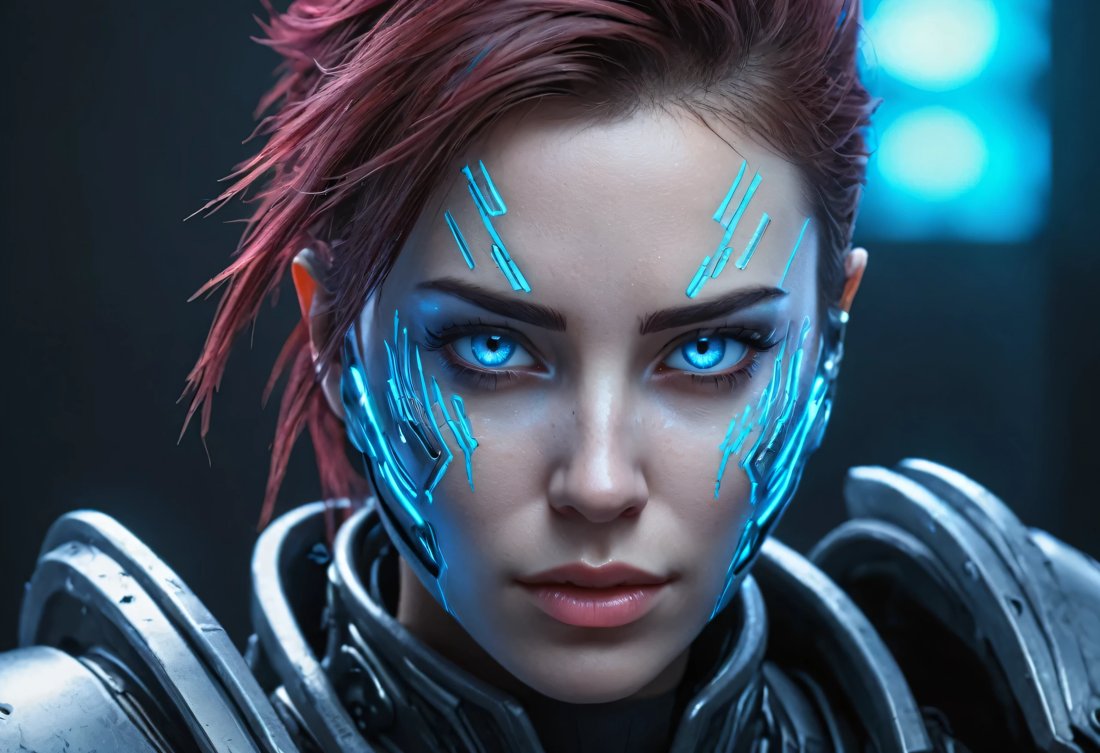 WOMAN&#39;S FACE powerful armor, sharp look,
Frost, calls, Perfect details, (The best quality, 4k,
High resolution, masterpiece:1.2), ultra detailed,
realistic:
1.37, HDR-10, Studio lighting, bright colors, (cyberpunk,
Futuristic) style, Ice Blue Color Scheme, dynamic lighting. MOD ULTRA FACE 8k laser eyes