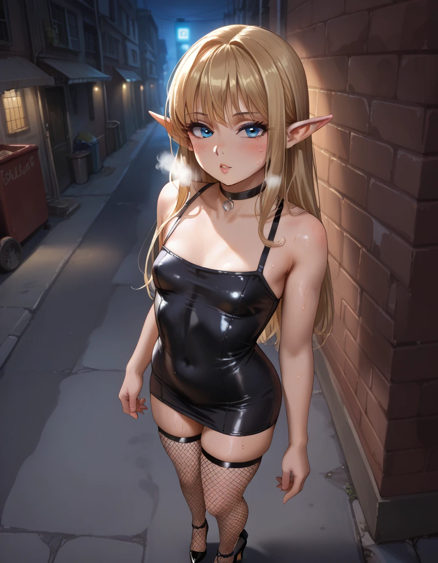 elf, pointy ears, blonde hair, elf, bangs, long hair, , small breasts, falt chest, lolicon, choker, , ,blue eyes, , shiny skin, , heavy breathing, breath, smell, , ,neolight, score_9 and up, score_8, detailed, masterpiece, high quality, messy hair, fit, blush, more detail, ,, , volumetric lighting, cinematic lighting, , alley, alleyway, trash, neon lights, night time, night, moonlight, outside, , , detailed background, , looking at viewer, , , ,, sweat, wet skin, hot, summer, ,score_8_up, absurdres, ,, , hair down, , , dramatic lighting, , seductive, flirty, cool lighting, black choker, (((uncensored))), , 1girl,, bodycon, bodycon dress, (((fishnet thigh highs))), (fishnets), high heels, , skindentation, anime, , , brick wall, solo, from above
