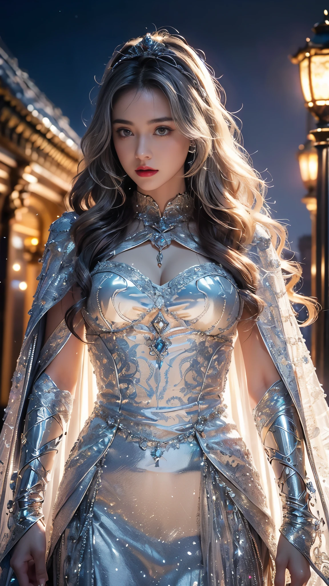 Top quality, masterpiece, ultra high definition, Original photo, 1 Girl, ((wavy sardine)), cinematic lighting, very long hair, detailed eyes, wind, necklace, piercing, ((knighthood cospaly)), ((wavy clothing)), silver clothing, ((wavy lace)), ((wavy dual cape)), ((queen germent)), ((glowing lights)), ((realistic)), in the palace, night weather, cinematic pose,