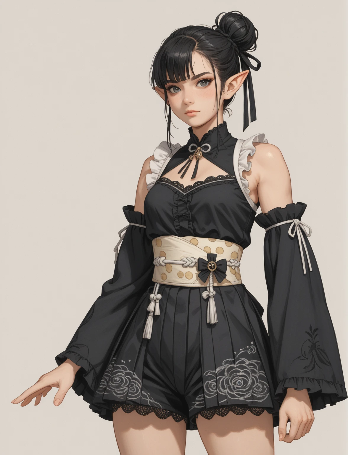 Create a digital illustration of a female character with elf ears with round dots instead of eyebrows. For the hairstyle, she should have black hair styled into a single bun at the back of her head, complemented by asymmetrically chopped bangs that transition into a long lock on one side. Her outfit should match short hakama with detached sleeves and frills under the shorts and the sleeves, in a gothic style, featuring intricate white lace patterns, detailed cutouts, and a white obi with a black seigaiha black pattern. The outfit should include layered skirts and ribbon details to emphasize a similar aesthetic. Add a muted background that complements her striking attire and hairstyle.