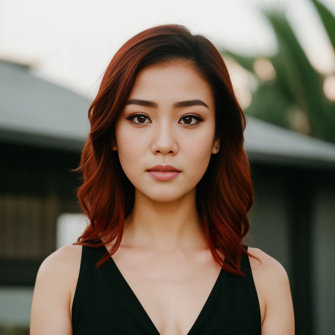 beautiful asian girl out house, red hair, black eyes, red long dress, white skin, chest, small girl, small face, focus on chest and face