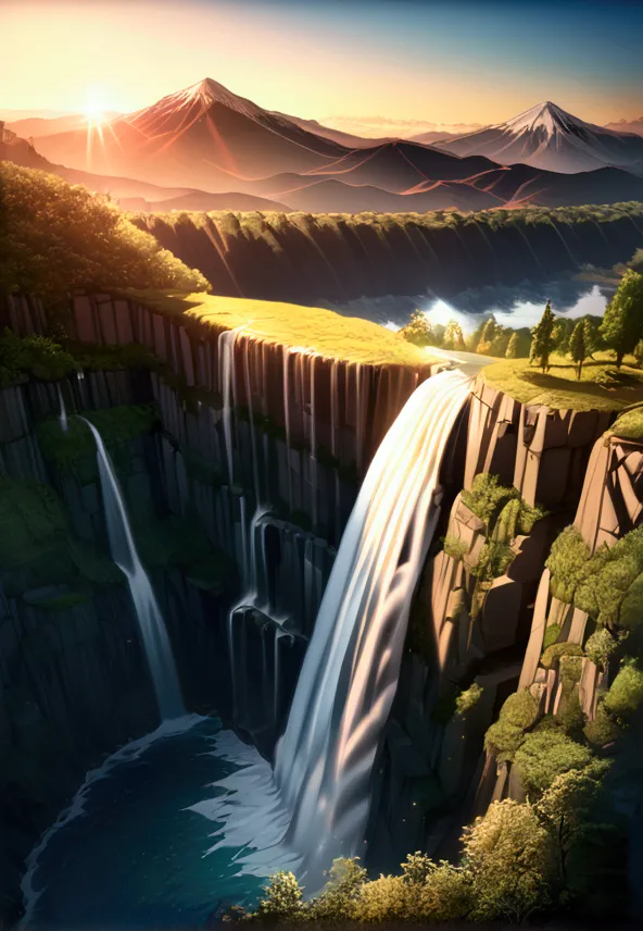 a beautiful waterfall falling from a giant mountain, lots of nature around, in the background a magical sunset, shiny and gradie...