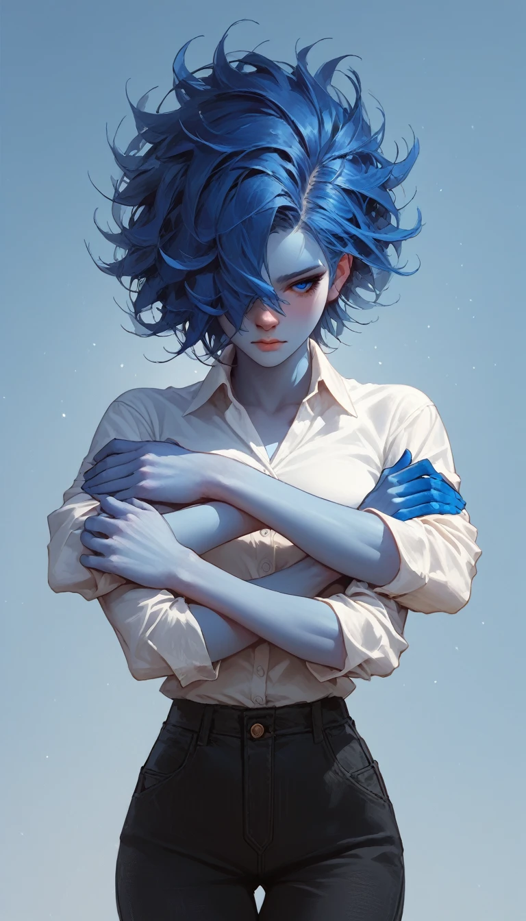 (zPDXL2), (PonyXLV6_Scores), source_anime, Expressiveh, solo, four-quarter portrait, BREAK

1girl, short spiky hair, blue hair, hair covering one eye, blue eyes, (blue skin, blue hands, blue body), (two pair arms, extra arms), (wearing shirt, top, pants)
