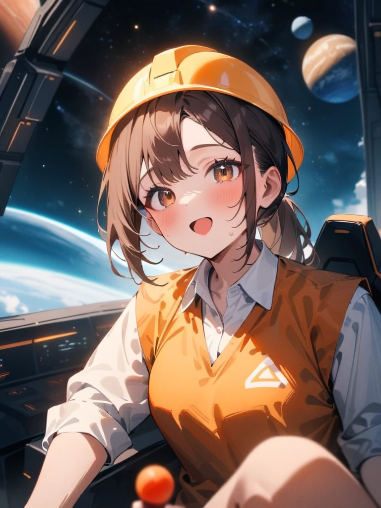 masterpiece, best quality, very aesthetic, absurdres, newest, asymmetrical bangs, tareme, 1girl, solo, looking at viewer, open mouth, bangs, brown eyes, shirt, brown hair, ponytail,wearing orange safety vest, (wearing yellow safety helmet), sitting, planet, outer space, star \(sky\), starry sky, collared shirt, cloud, sleeves rolled up, white shirt, (space ship), (cockpit), joy stick,