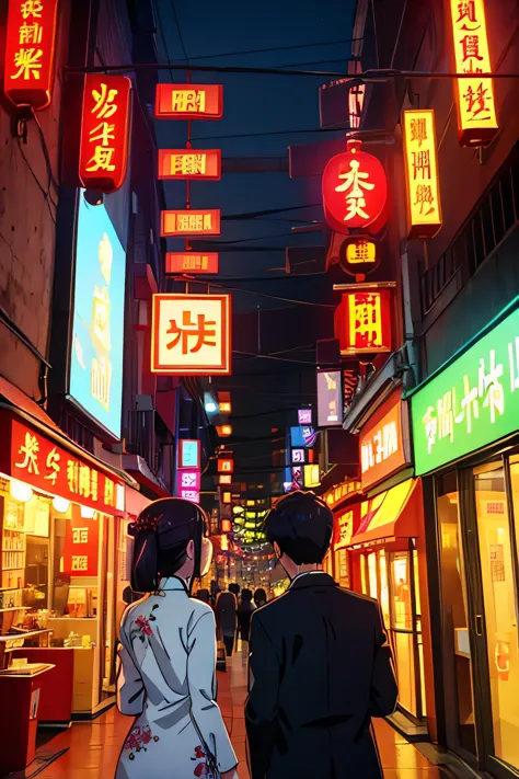 china　bustling street　neon　couple　night　young　rear view