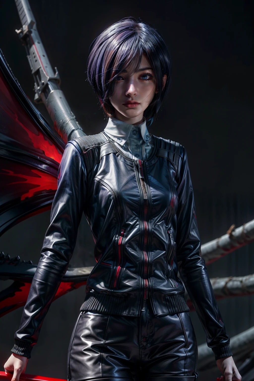 Touka Kirishima, Tokyo Ghoul, Red eyes, The whites of the eyes are black, blue-violet hair, beautiful and calm facial features, short hair covering the left side of her face, red eyes, colored sclera, black sclera, wings, red wings  ghoul wings, kagune ، Bright wings, bloody background , Kagune with bright and shiny colors, ghoul eyes  