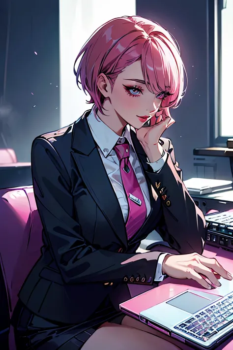 (highest quality:1.2), a 20-years-old official lady is sitting, looking a laptop display with concentration , in an office room....