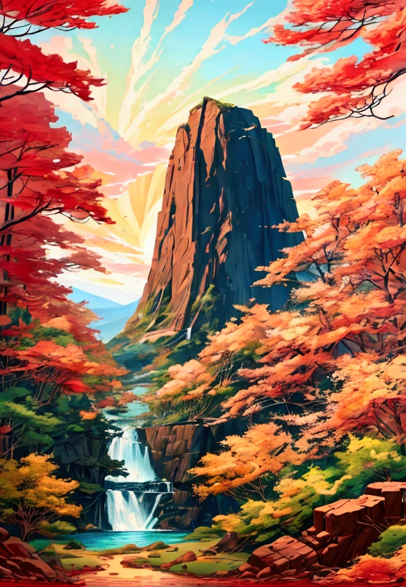 A beautiful waterfall falling from a giant mountain, lots of nature around, in the background a magical sunset, shiny and gradient, the photo presents a magical and magnificent environment, vibrant colors(anime style 2d, 8k, HDR, UHD, intricate details, extremely intricate details, hyperrealistic, extremely realistic, high quality).