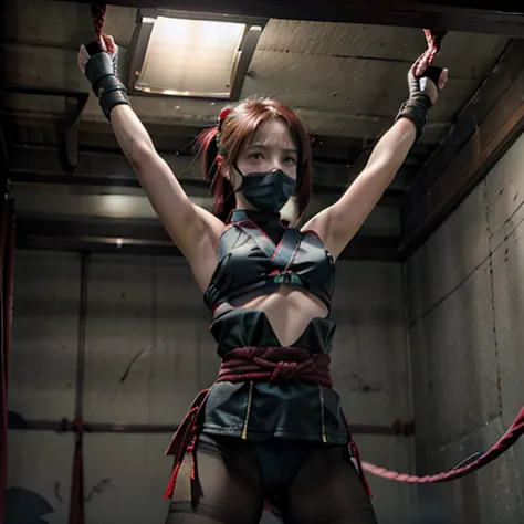 only 1girl,(a very cute japanese ninja girl is standing and tied up with rope:1.3),bondage,(crying:1.5),(large tears:1.5),4k, 8k...